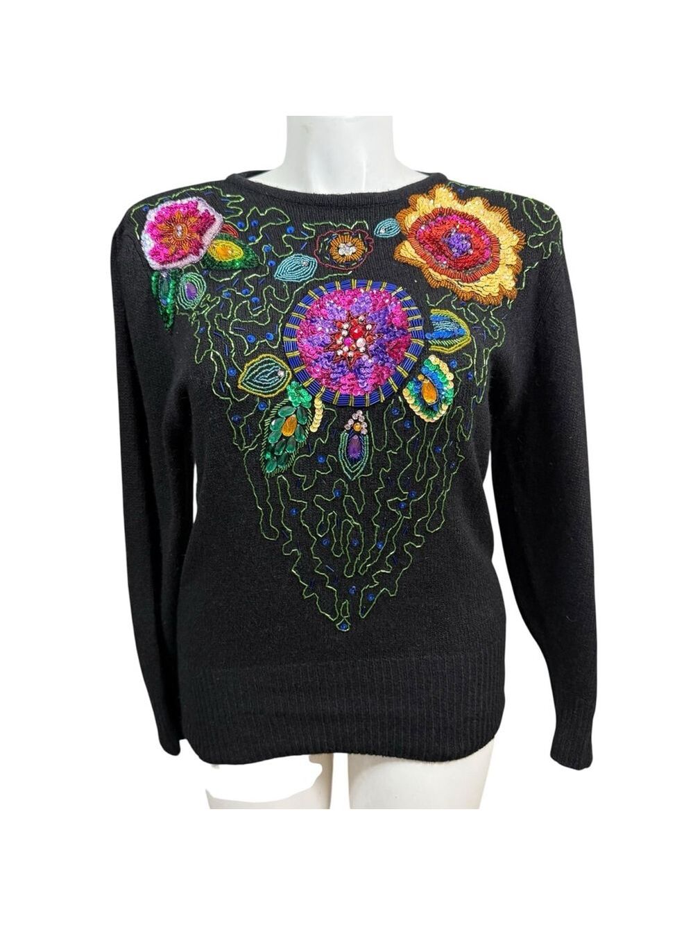 Vintage Cedars Black Sequin Beaded Floral Sweater L